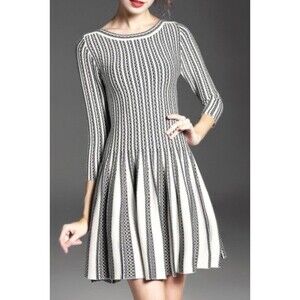 Women’s Knit Fit & Flare Sweater Dress Black/Ivory Chic Classic-S